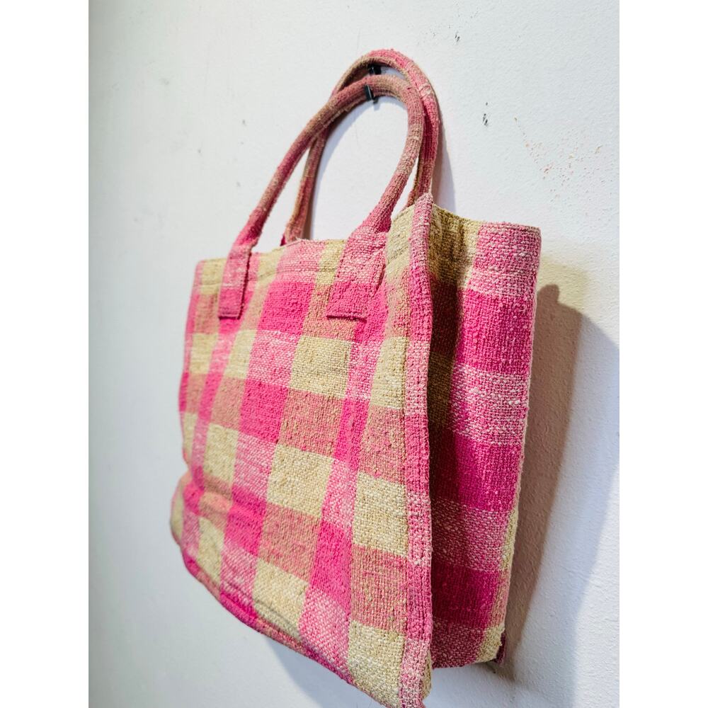 SANDRO Women's Beige Pink Rose Gingham Checkered Tote Bag - Picture 12 of 16